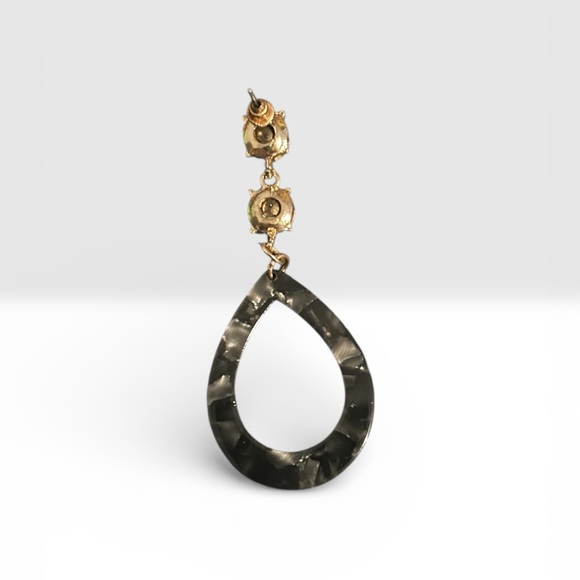 Ashley Stewart NWT Black Teardrop Dangle Earrings Crystal Accents - Picture 3 of 4